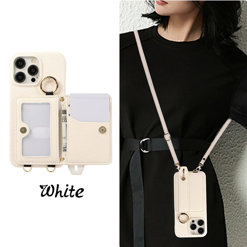 Luxury Shoulder Leather Card Pocket Wallet Case For iPhone 11 12 13 14 15 16 17 Pro Max Plus Purse Phone Cover Wrist Strap Stand