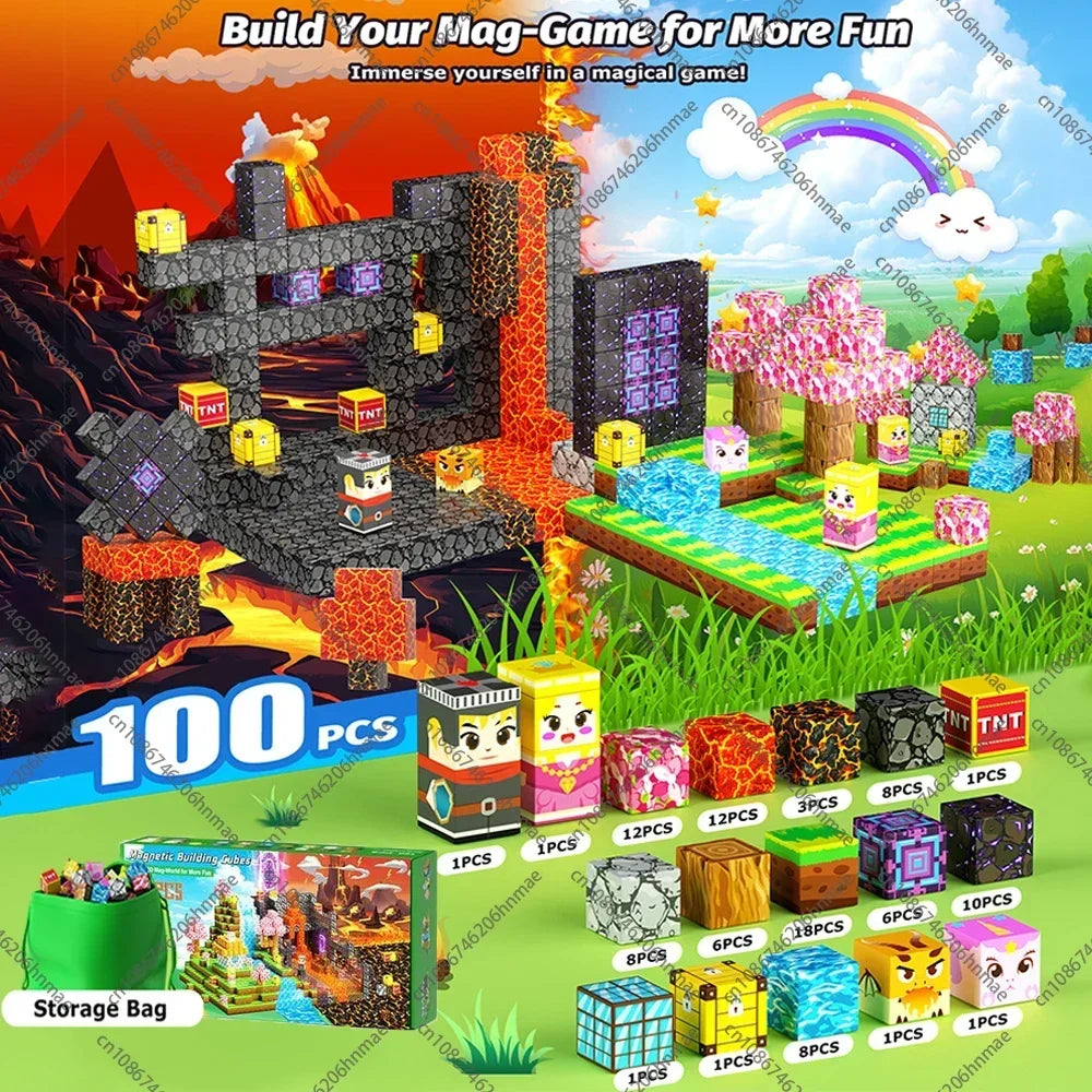 Magnetic Building Blocks Mine World Montessori Educational STEM Sensory Toy for Magnet Cube Kids Boys Girls Ages 3+ DIY Toy Gift