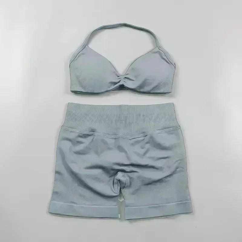 2 Pieces Sports Set Women Backless Tank Tops High Waist Scrunch Seamless Shorts Sport Suit Gym Set Sportswear Workout Set