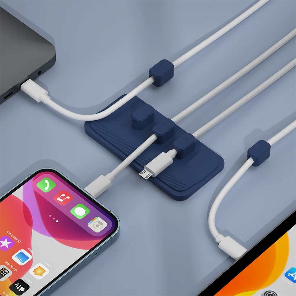 Car mounted magnetic cable management, silicone cable clamp, desktop multi-purpose wire holder, 5 clips for lighting USB C micro
