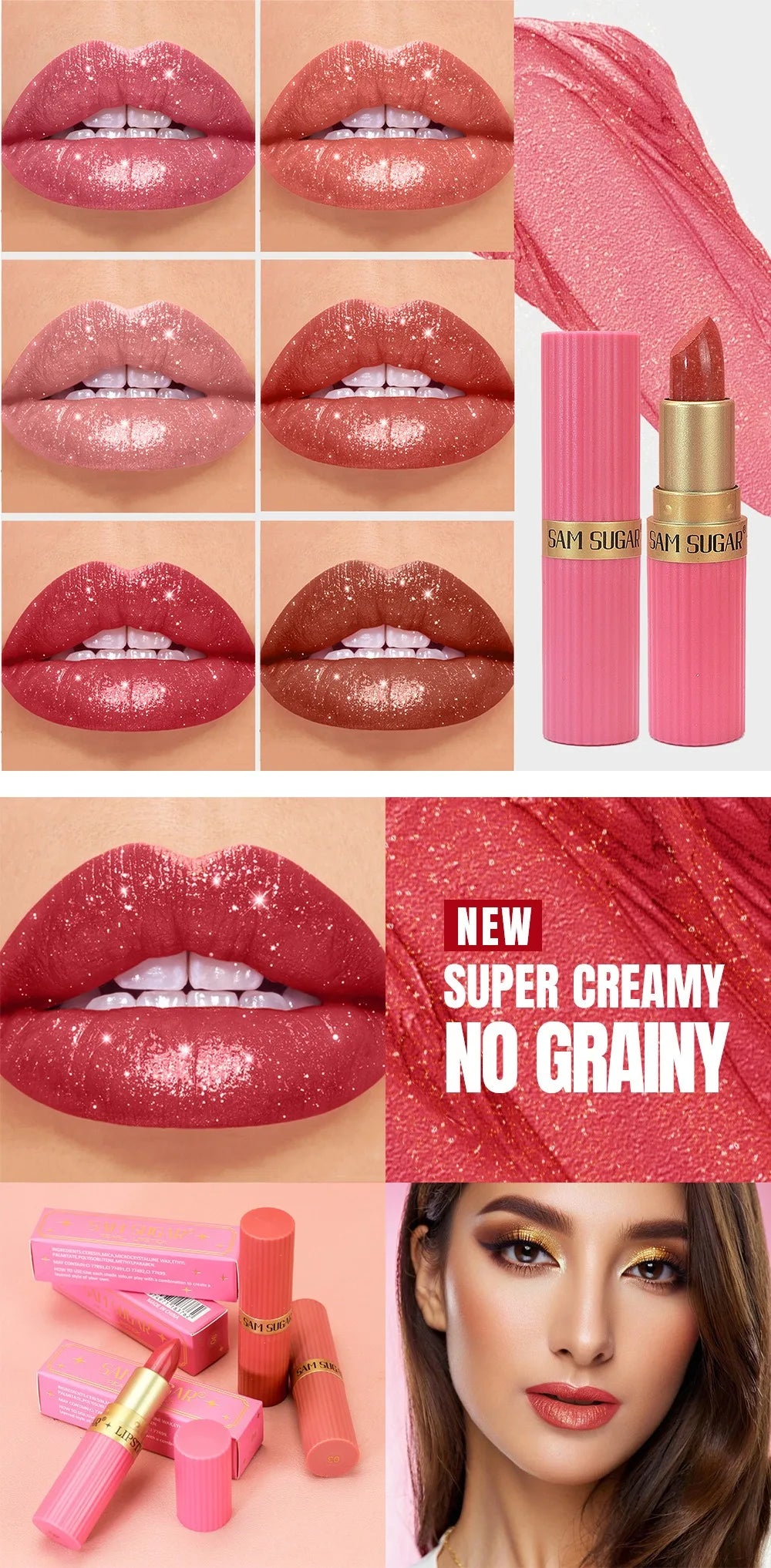 Pearlescent Pink Glitter Velvet Lipstick Metallic Waterproof Long Lasting Matte Shimmer Diamond Lipstick Women Makeup Cosmetic