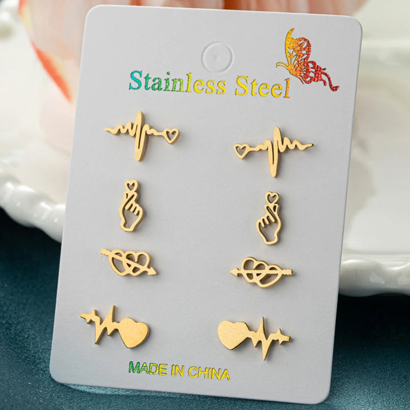 4Pairs/Lot Fashion Stainless Steel Star Moon Stud Earrings Sets for Women Small Flower Porker Dog Earings Jewelry Gift Wholesale