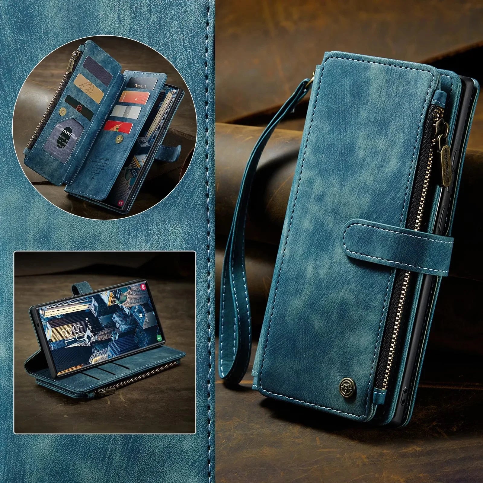 Flip Leather Phone Case For Samsung Galaxy S25 Edge S24 Ultra S23 FE S22 S21 S20 Plus Note 20 A16 A56 Zipper Wallet Card Cover