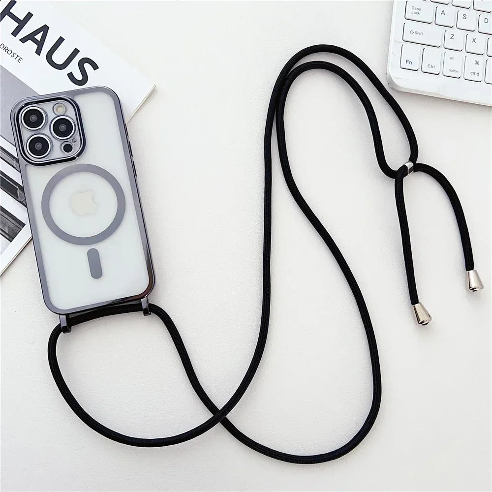 Crossboby Lanyard Plating Clear Phone Case For iPhone 17 Air 16E 16 15 14 13 12 Pro Max For Magsafe Magnetic Necklace Cord Cover