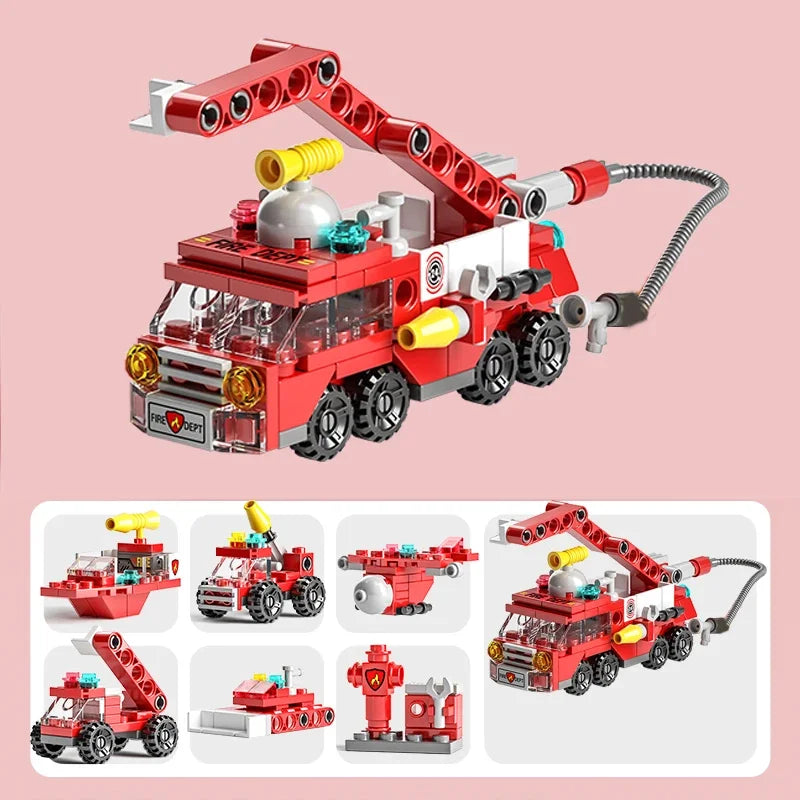 6IN1 Building Blocks City Fire Car Police Truck Engineering Crane Tank Helicopter Bricks Set Toys for Children Kids