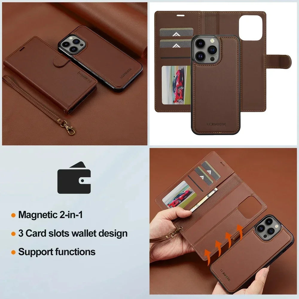 2in1 Removable Flip Leather Wallet Case Magnetic Phone Cover For iPhone 17 Air 15 Pro Max 14 Plus 16 13 12 11 SE 2022 Cards Solt
