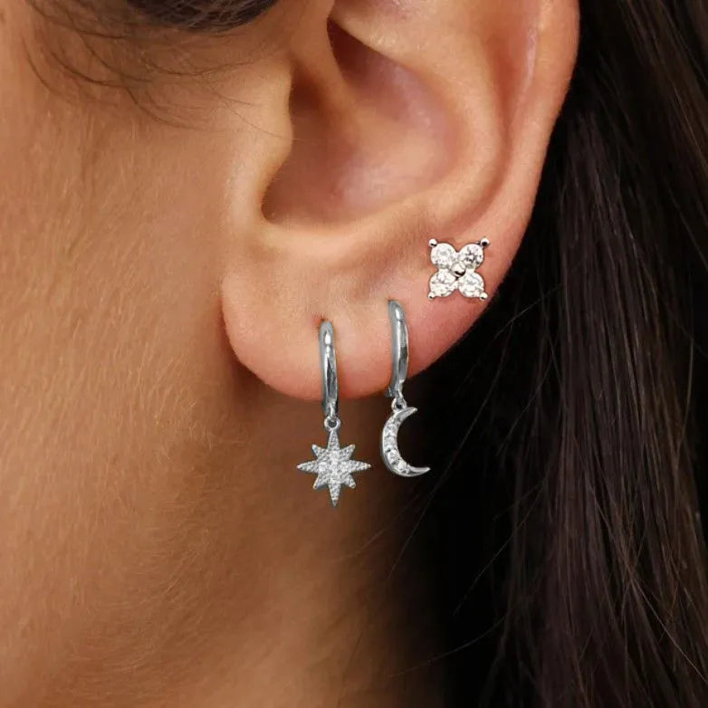 3Pcs Crystal Tragus Stud Earring Set Flower Cartilage Huggie Earring Bulk Helix Jewelry Women Fashion Heart Lobe Earring Pack