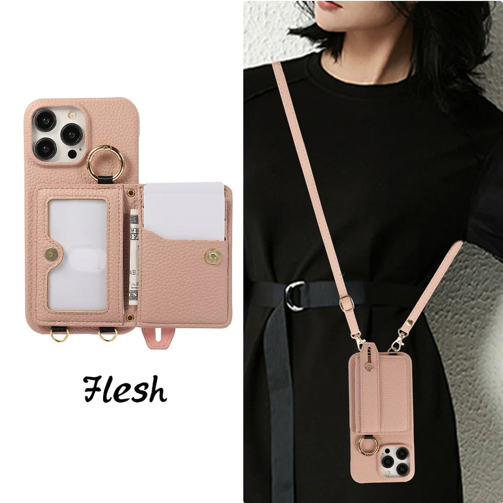 Luxury Shoulder Leather Card Pocket Wallet Case For iPhone 11 12 13 14 15 16 17 Pro Max Plus Purse Phone Cover Wrist Strap Stand
