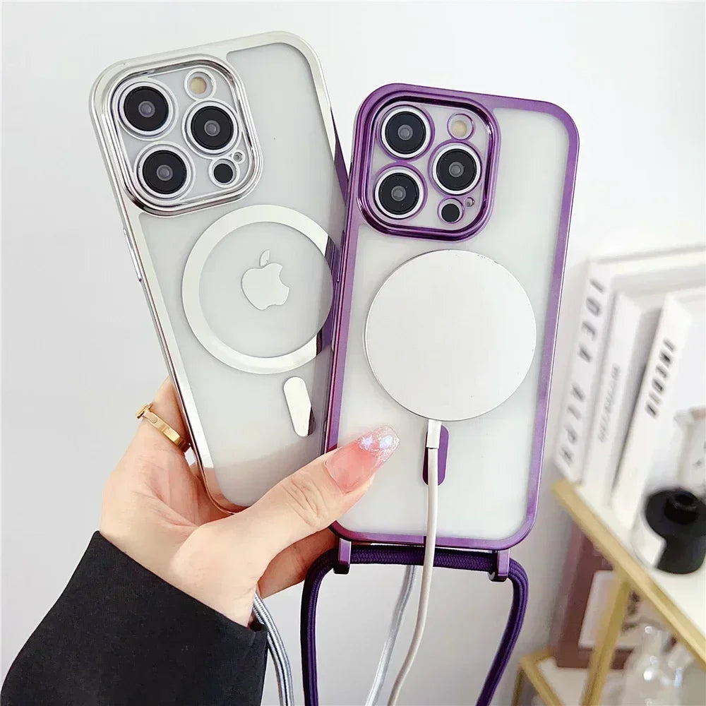 Crossboby Lanyard Plating Clear Phone Case For iPhone 17 Air 16E 16 15 14 13 12 Pro Max For Magsafe Magnetic Necklace Cord Cover