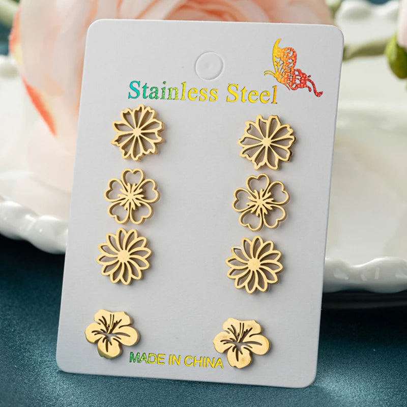 4Pairs/Lot Fashion Stainless Steel Star Moon Stud Earrings Sets for Women Small Flower Porker Dog Earings Jewelry Gift Wholesale