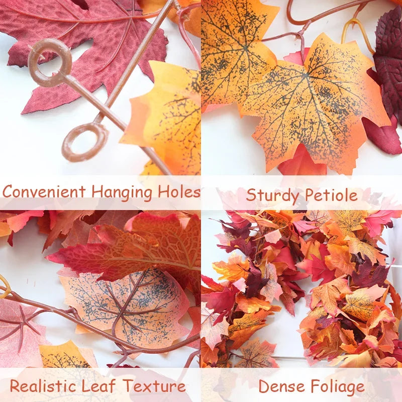 2M Artificial Fall Maple Leaf Garland Fake Plants Autumn Decor Leaves Vine for Thanksgiving Halloween Festivals Wedding Decora