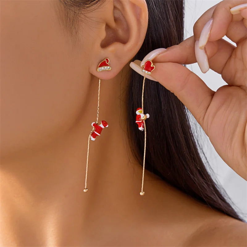 New Design Moving Santa Claus Tassel Dangle Earrings for Women Christmas Tree Snowflake Asymmetric Long Earring New Year Jewelry