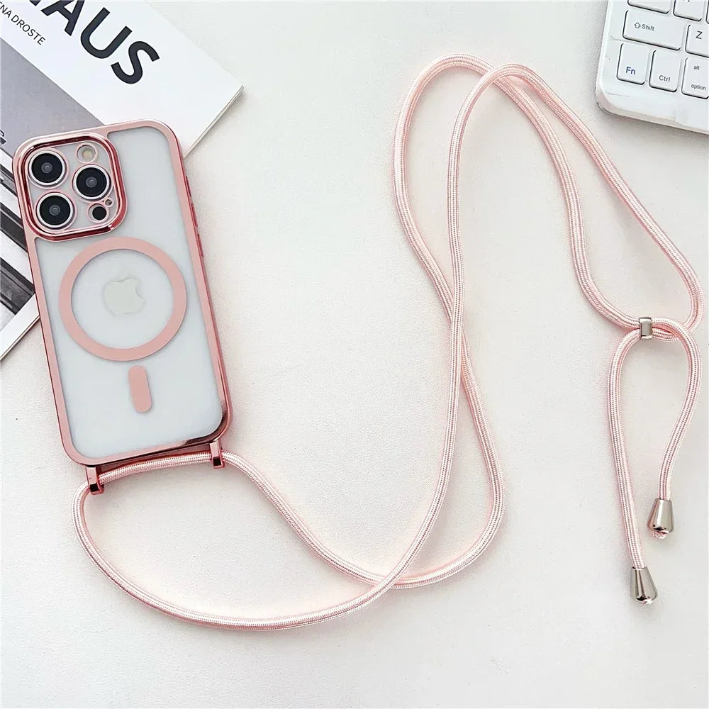 Crossboby Lanyard Plating Clear Phone Case For iPhone 17 Air 16E 16 15 14 13 12 Pro Max For Magsafe Magnetic Necklace Cord Cover