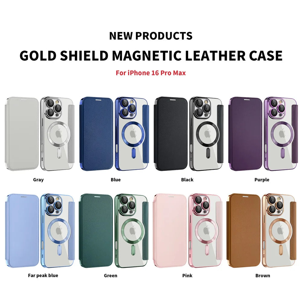 Luxury Transparent Flip Leather Wallet Magnetic Phone Case For iPhone 15 16 17 Pro Max 14 13 12 11 Card Bag For Magsafe Cover