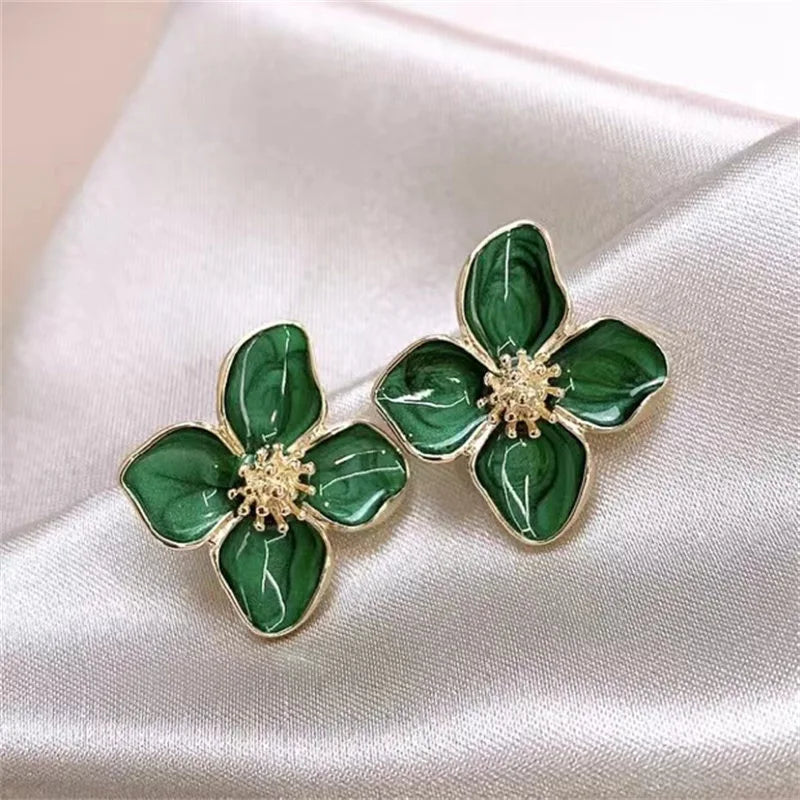 Hibiscus Dropped Glaze Flower Stud Earrings for Women Girl French Ins Vintage Fashion Korean Wedding Romantic Jewelry Gifts
