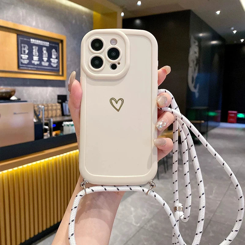 Crossbody Love Phone Cases for IPhone 17 16 Pro Max 15 14 13 12 11 With Lanyard Silicone Back Cover