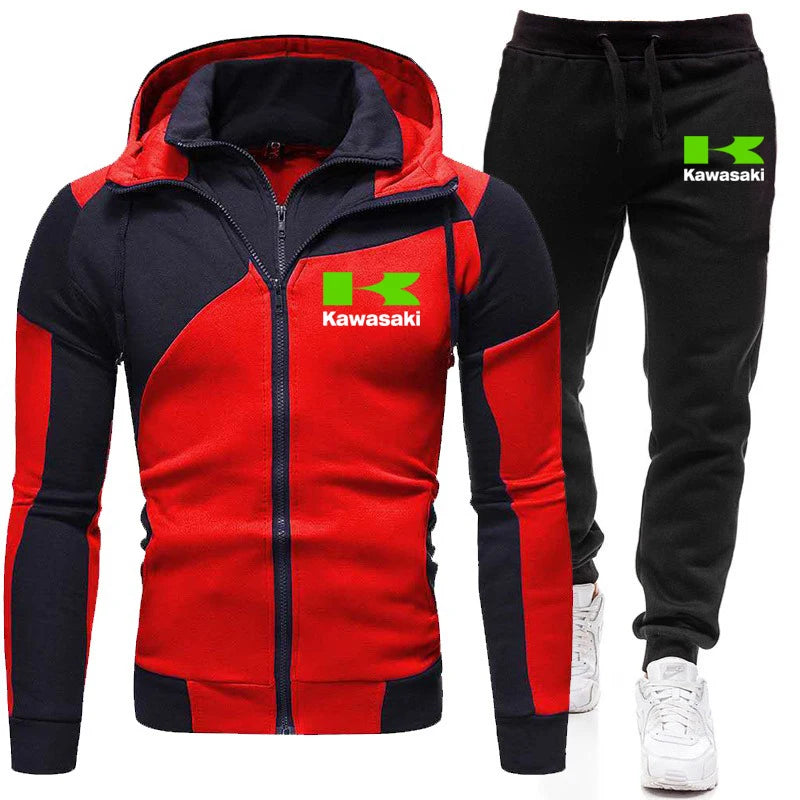 Kawasaki Logo Motorcycle Racing Team Men Zip Up Hoodie Pant Sets 2025 Fashion Male Zip Up Sweatshirt Pants Suit Sport Coat Set