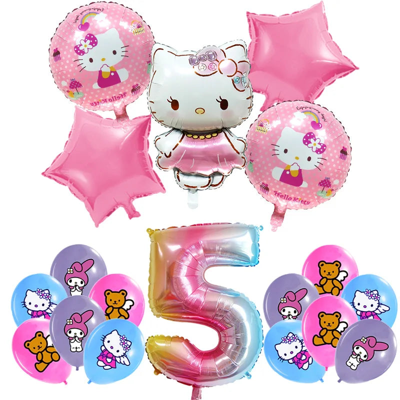 Hello Kitty Birthday Party Decoration Cartoon Cat Kids Aluminum Foil Balloon Disposable Tableware Banner Child Event Supplies