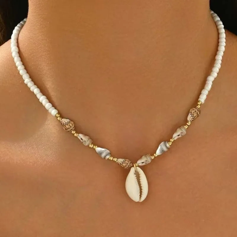 MHS.SUN Summer Shell Starfish Conch Pendant Necklace for Women Bohemian Metal Gold Color Chic Beach Jewelry Vacation Party Gift