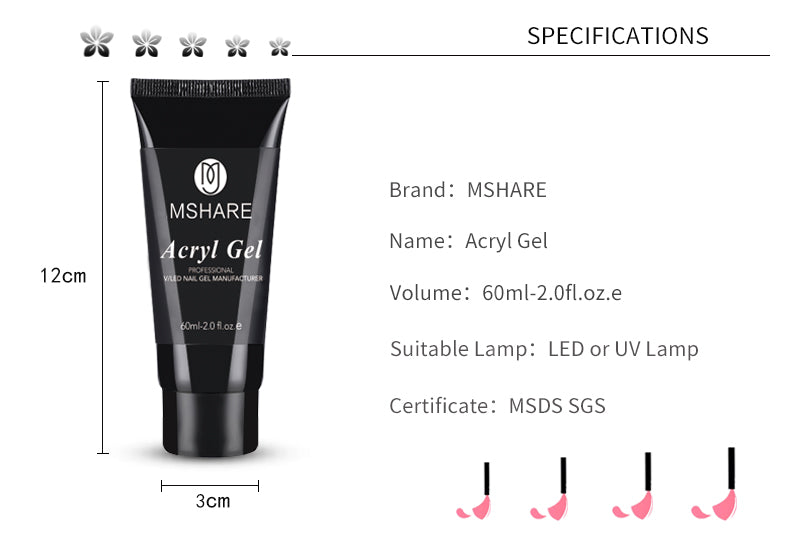 MSHARE Poly Nails Acryl Gel 60ml Builder UV Led Acrylgel Nails Extensions Acrylic Pink White Clear Acrylatic Hema Tpo Free Gel