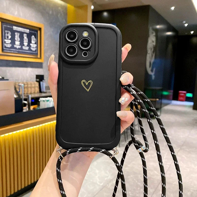 Crossbody Love Phone Cases for IPhone 17 16 Pro Max 15 14 13 12 11 With Lanyard Silicone Back Cover