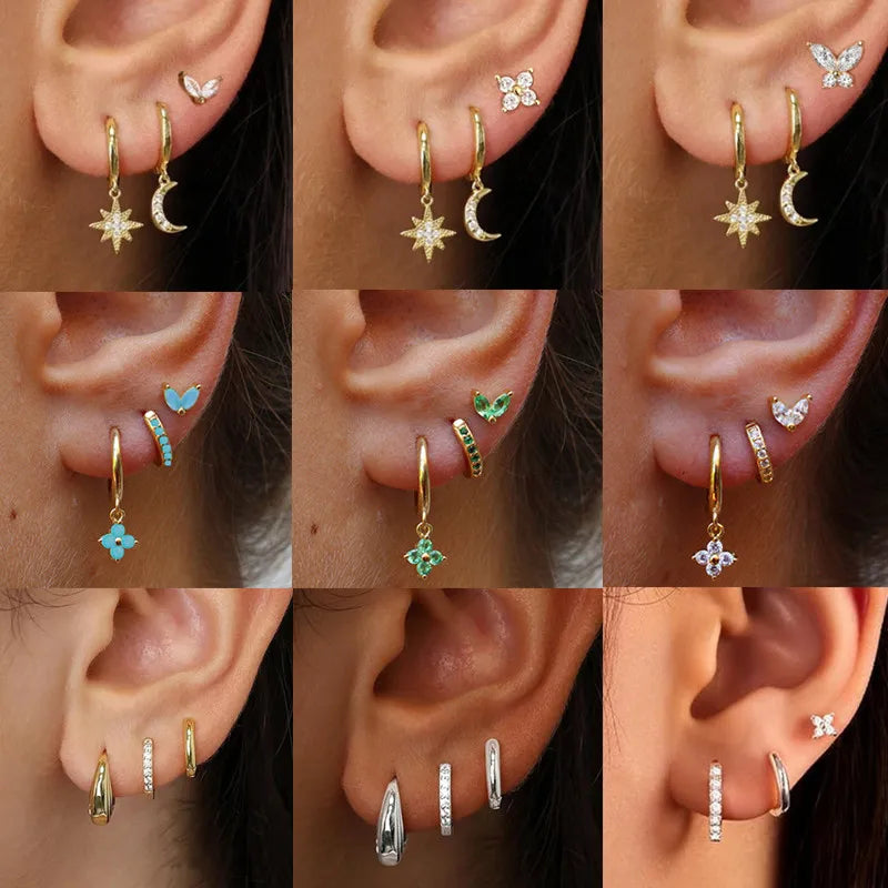 3Pcs Crystal Tragus Stud Earring Set Flower Cartilage Huggie Earring Bulk Helix Jewelry Women Fashion Heart Lobe Earring Pack