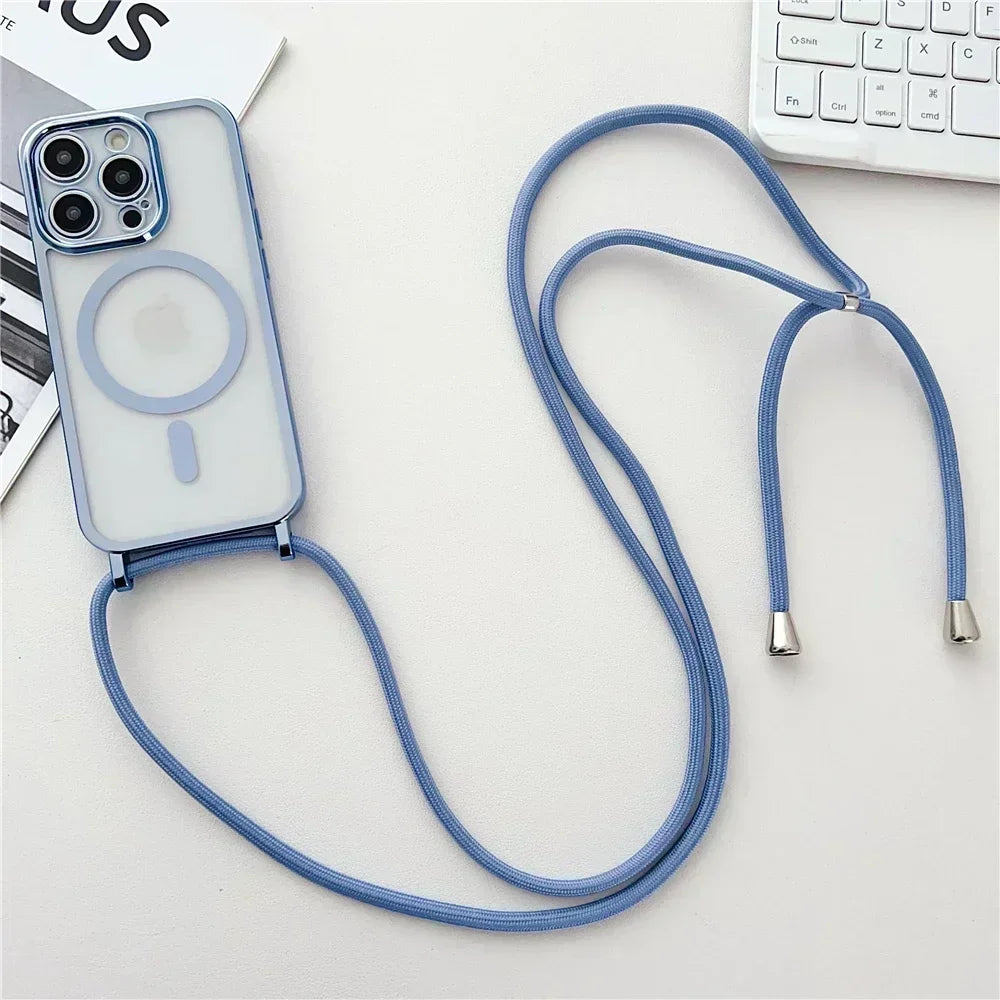 Crossboby Lanyard Plating Clear Phone Case For iPhone 17 Air 16E 16 15 14 13 12 Pro Max For Magsafe Magnetic Necklace Cord Cover