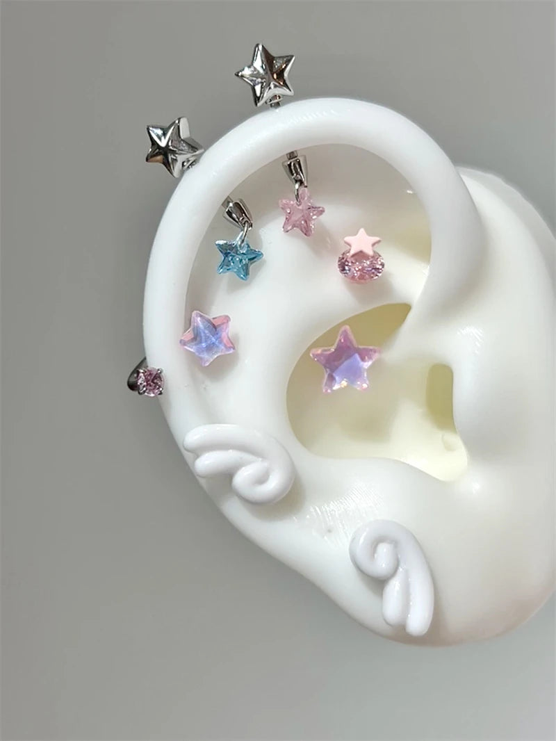 Sweet Angel's Wings Stainless Steel Ear Bone Nail Cute Acrylic Love Heart Cross Earrings for Women Body Puncture Accessories