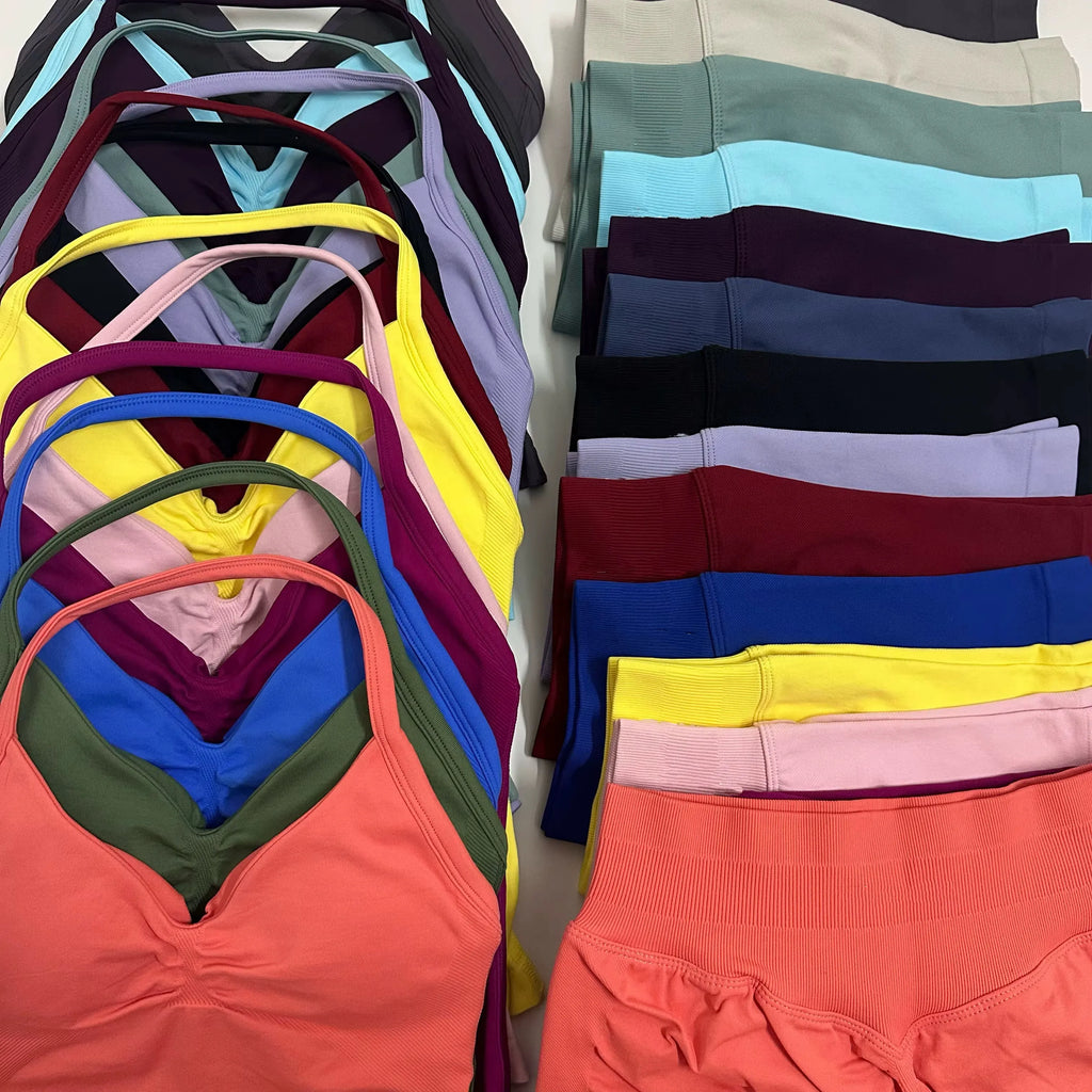 2 Pieces Sports Set Women Backless Tank Tops High Waist Scrunch Seamless Shorts Sport Suit Gym Set Sportswear Workout Set