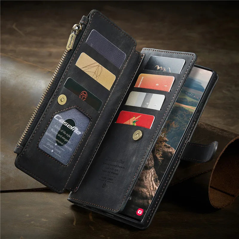 Flip Leather Phone Case For Samsung Galaxy S25 Edge S24 Ultra S23 FE S22 S21 S20 Plus Note 20 A16 A56 Zipper Wallet Card Cover