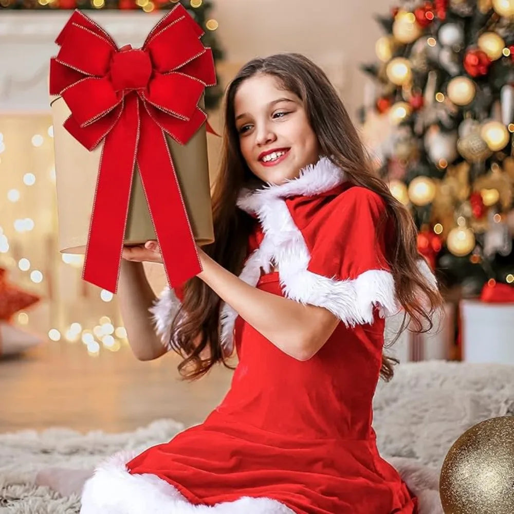 Red Christmas Bows Outdoor Decorations Large Christmas Tree Top Bow Velvet Wreath with Glitter Gold Edge Front Door Decoration