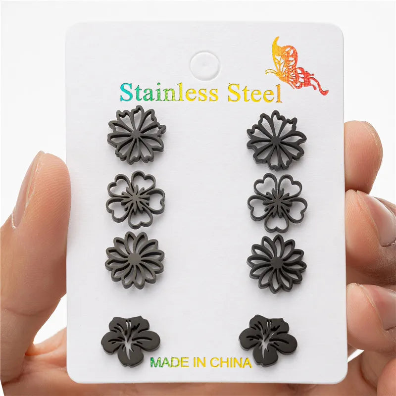 4Pairs/Lot Fashion Stainless Steel Star Moon Stud Earrings Sets for Women Small Flower Porker Dog Earings Jewelry Gift Wholesale