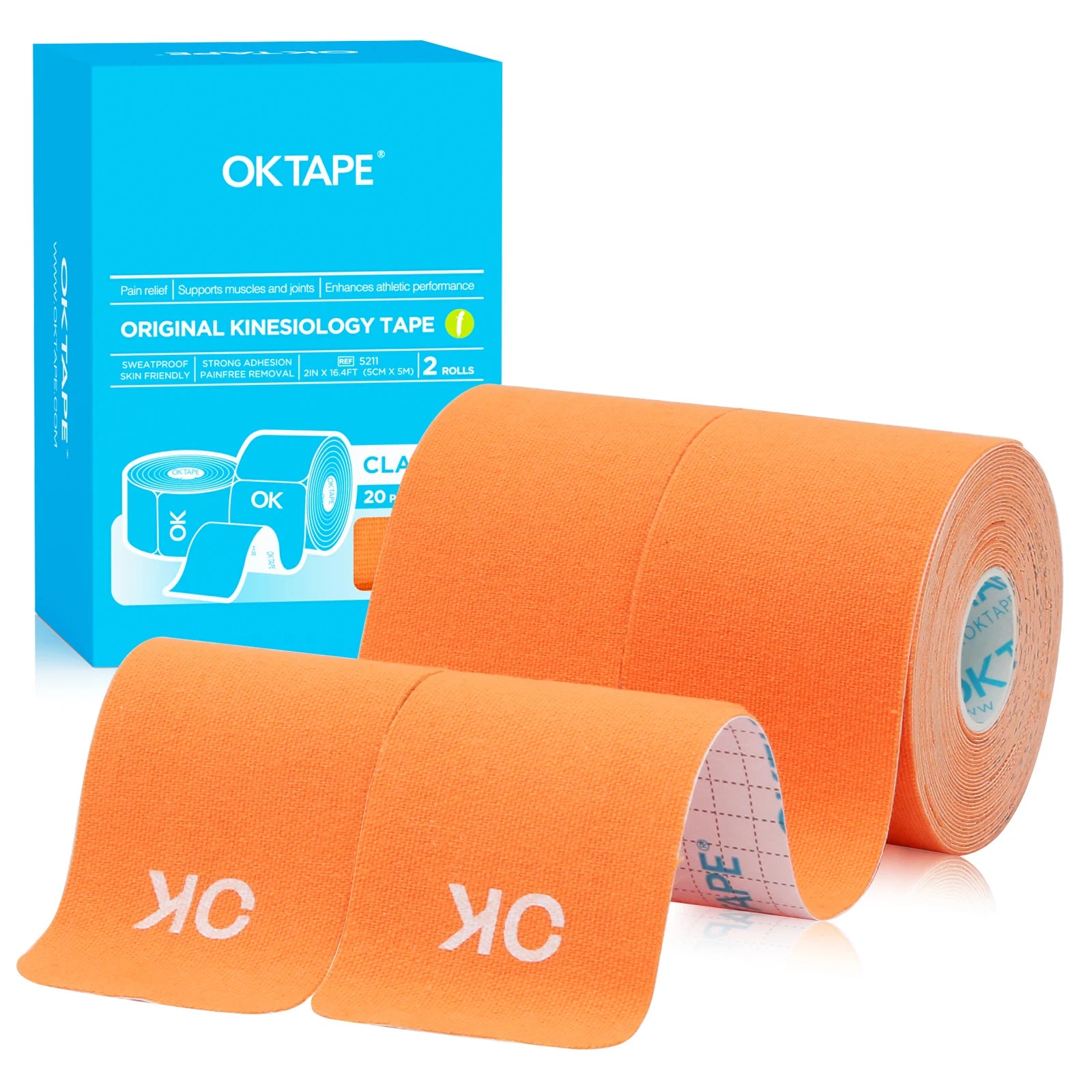 2 Rolls OK TAPE Updated Kinesiology Tape, New Packaging 5cm x 5m, 25cm Precut 20 Strips, Cotton Elastic Athletic Tape Latex Free