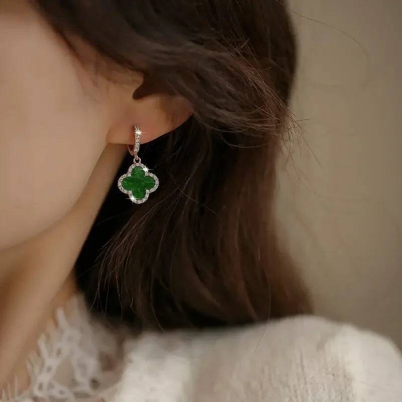 Green Four-leaf Clover Earrings Women's Gentle Fashionable Jewelry Ear Studs Autumn Winter Stylish Korean Trend