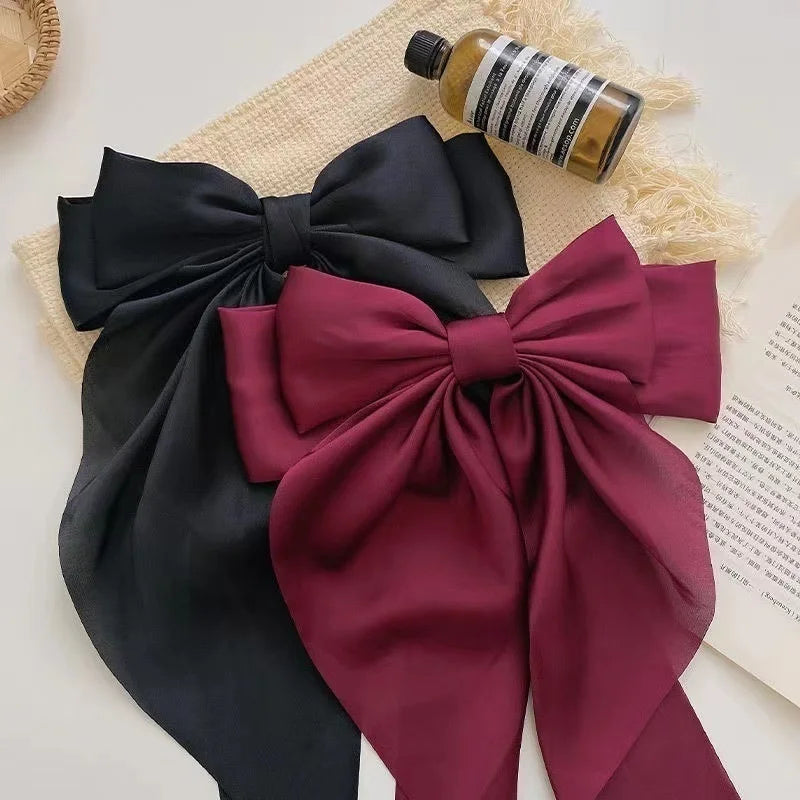 Chiffon Bow Hair Clip Women Large Bowknot Stain Hairpin Barrettes Girls Solid Color Ponytail Clip Hair Accessories Headwear Gift