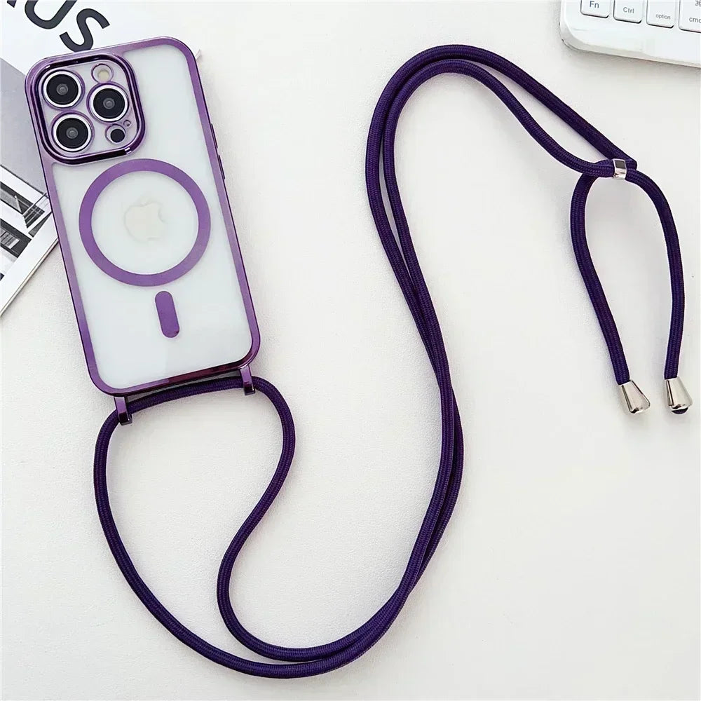 Crossboby Lanyard Plating Clear Phone Case For iPhone 17 Air 16E 16 15 14 13 12 Pro Max For Magsafe Magnetic Necklace Cord Cover