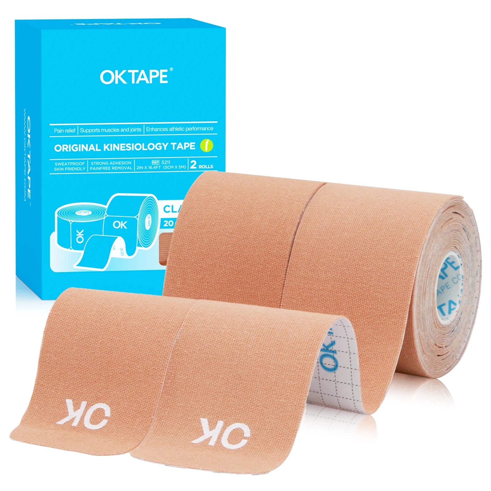 2 Rolls OK TAPE Updated Kinesiology Tape, New Packaging 5cm x 5m, 25cm Precut 20 Strips, Cotton Elastic Athletic Tape Latex Free