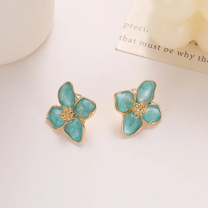 Hibiscus Dropped Glaze Flower Stud Earrings for Women Girl French Ins Vintage Fashion Korean Wedding Romantic Jewelry Gifts