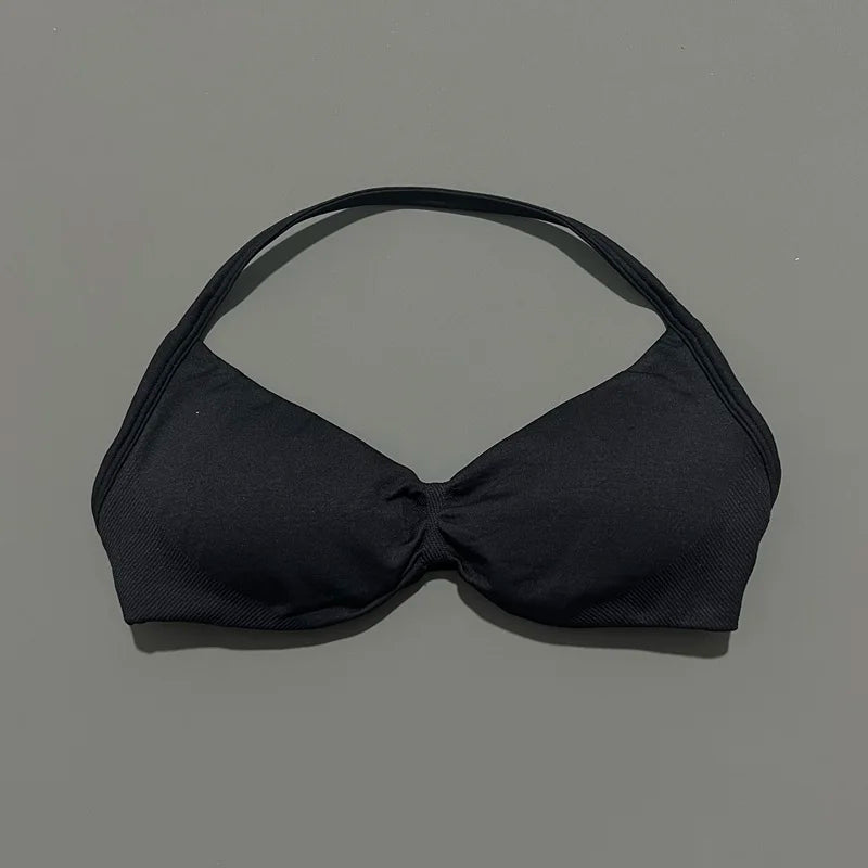 Sports Bra Strappy Backless Yoga Gym Bra Scrunch Push-up Removable Cups Women Workout Clothing Gym Top Halter Sport Bras