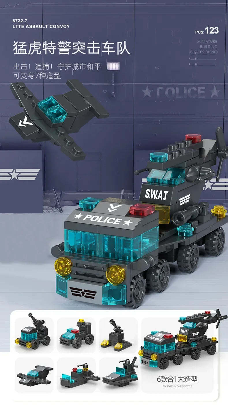 6IN1 Building Blocks City Fire Car Police Truck Engineering Crane Tank Helicopter Bricks Set Toys for Children Kids