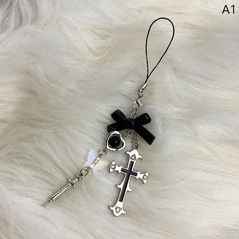 Black Punk Y2K Phone Pendant Chain Cool Girl Sweet Charm With Cross Butterfly Accessories For Phone Bag Lanyard Keychain