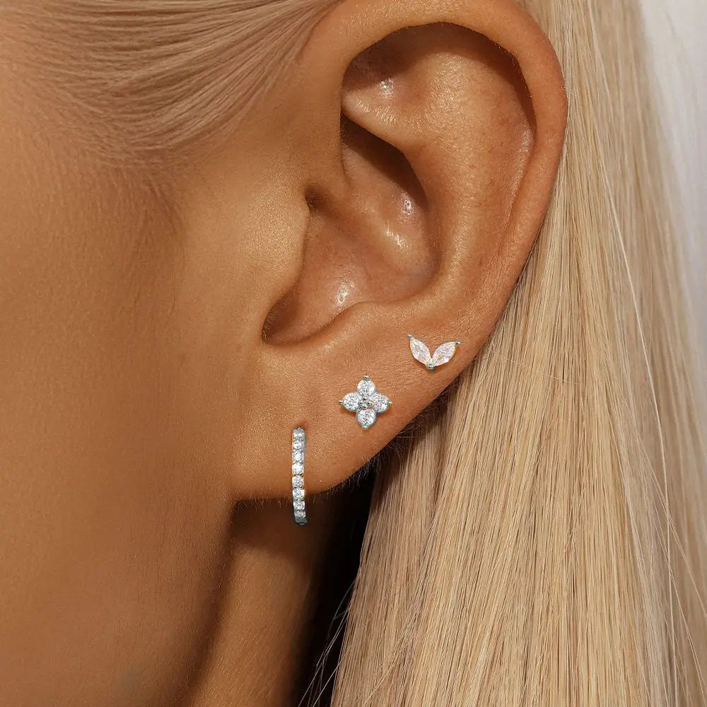 3Pcs Crystal Tragus Stud Earring Set Flower Cartilage Huggie Earring Bulk Helix Jewelry Women Fashion Heart Lobe Earring Pack