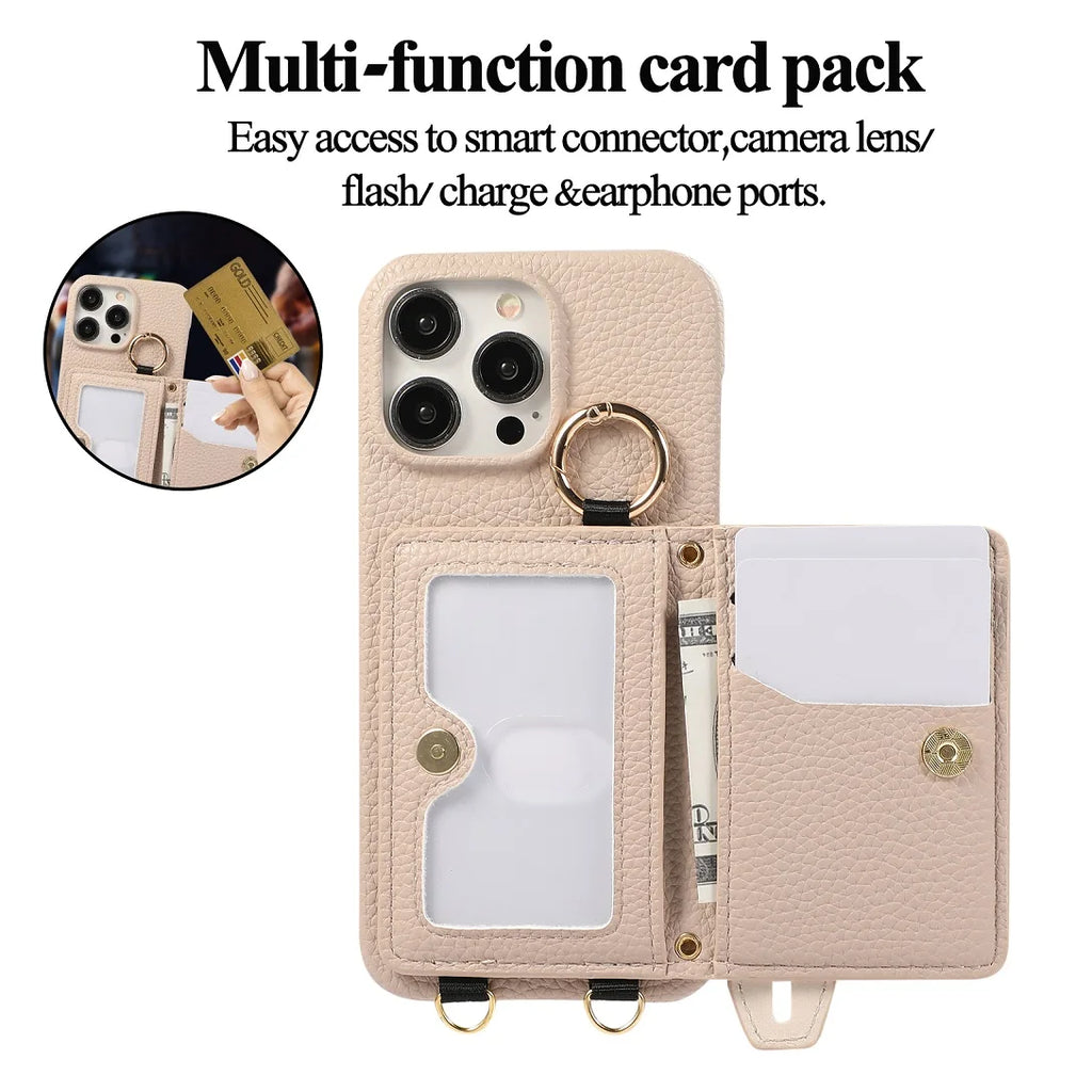 Luxury Shoulder Leather Card Pocket Wallet Case For iPhone 11 12 13 14 15 16 17 Pro Max Plus Purse Phone Cover Wrist Strap Stand
