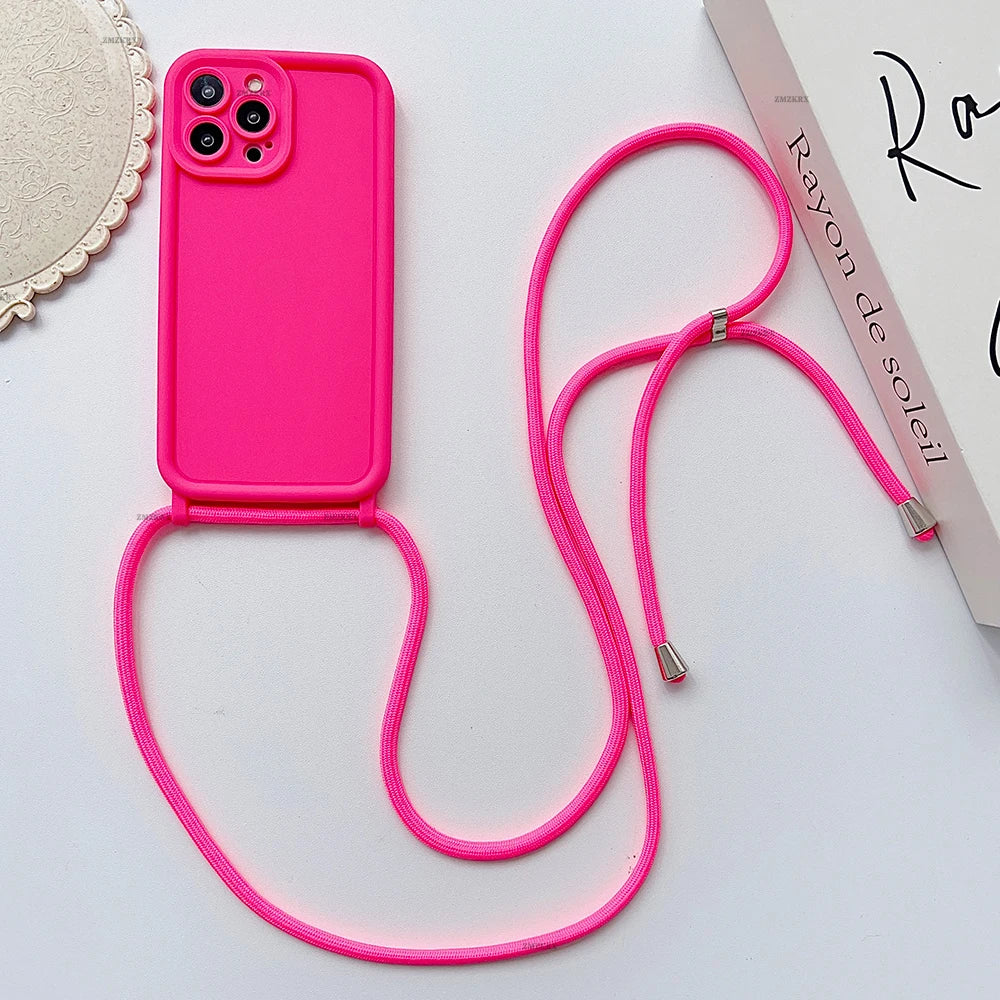 Crossbody Necklace Strap Adjustable Lanyard Silicone Phone Case For iphone 16 15 14 13 12 11 Pro X XR XS Max 7 8 Plus Soft Cover