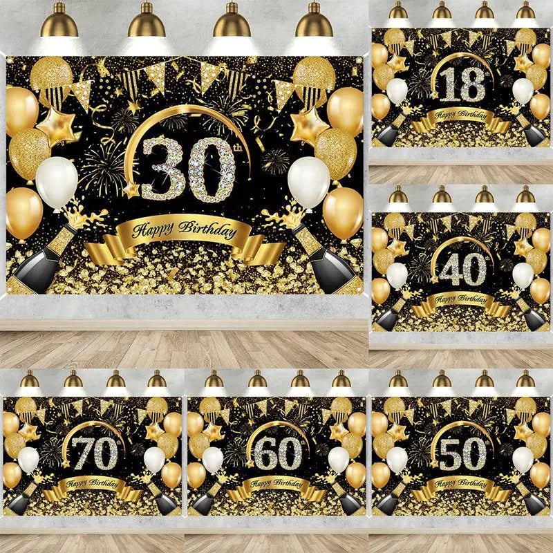 Happy 30th 40th 50th Birthday Banners Black Gold Birthday Party Decorations Adults 30 40 50 Years Old Birthday Party Supplies