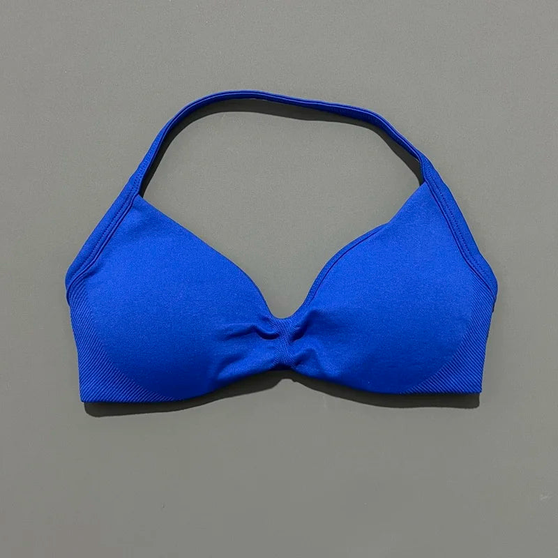 Sports Bra Strappy Backless Yoga Gym Bra Scrunch Push-up Removable Cups Women Workout Clothing Gym Top Halter Sport Bras