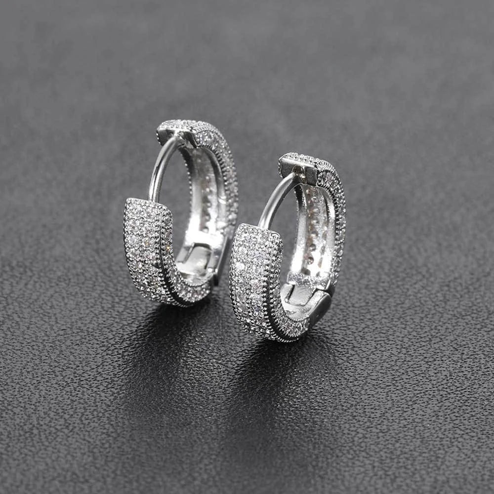 2 Pcs Fashion Full Diamonds Sparkling Copper Silver Colour Hoop Earrings Men Party Daily Jewelry