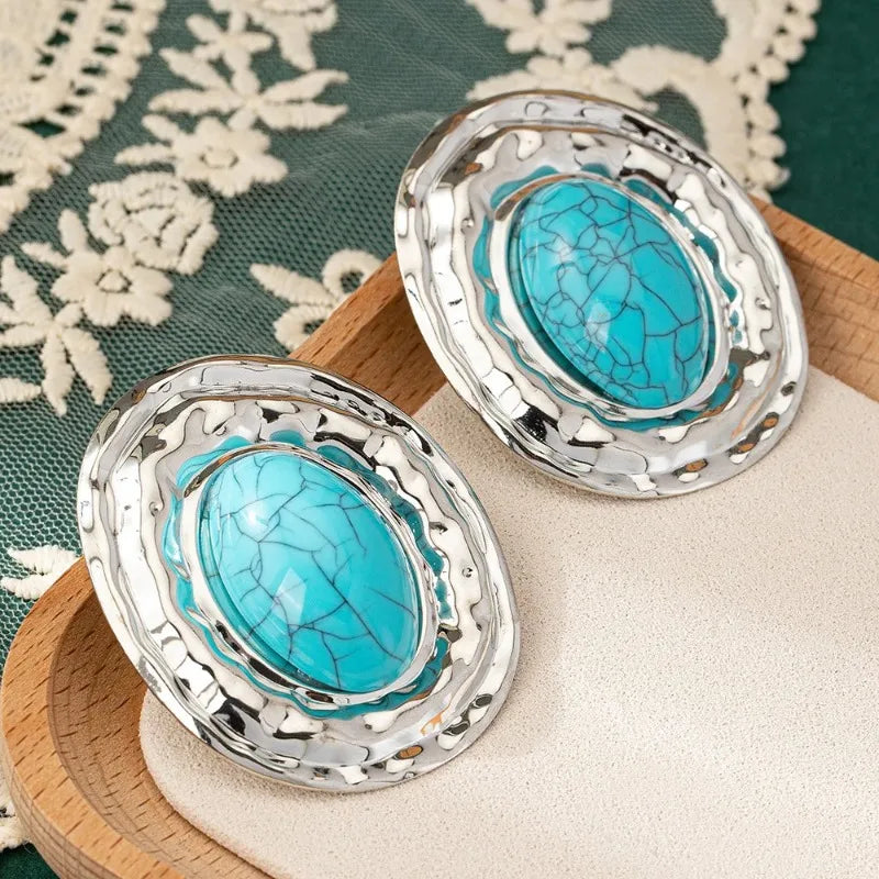 stud earrings for women Exaggerated large size Metal turquoise simple style ear accessories party OL fashion jewelry E520