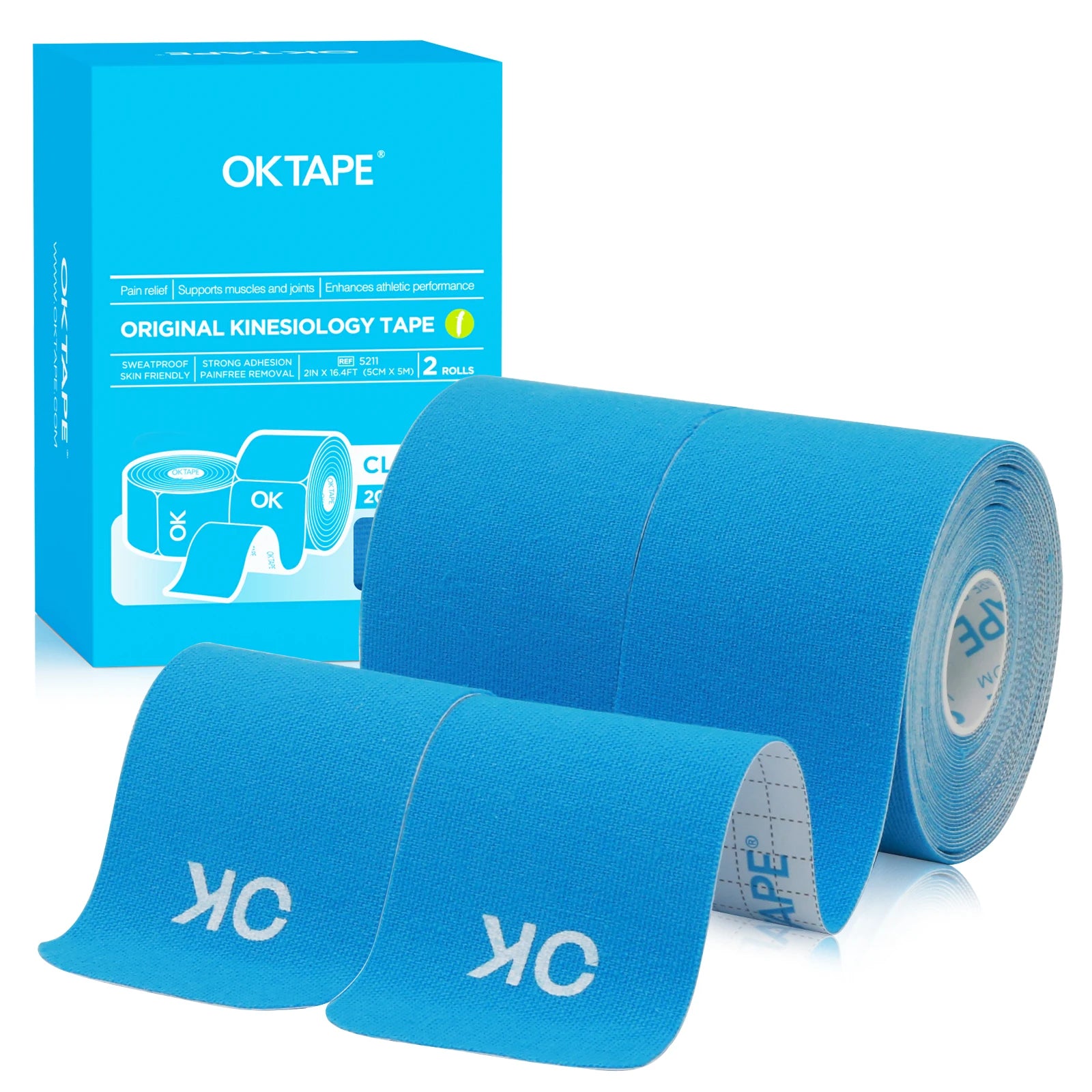 2 Rolls OK TAPE Updated Kinesiology Tape, New Packaging 5cm x 5m, 25cm Precut 20 Strips, Cotton Elastic Athletic Tape Latex Free