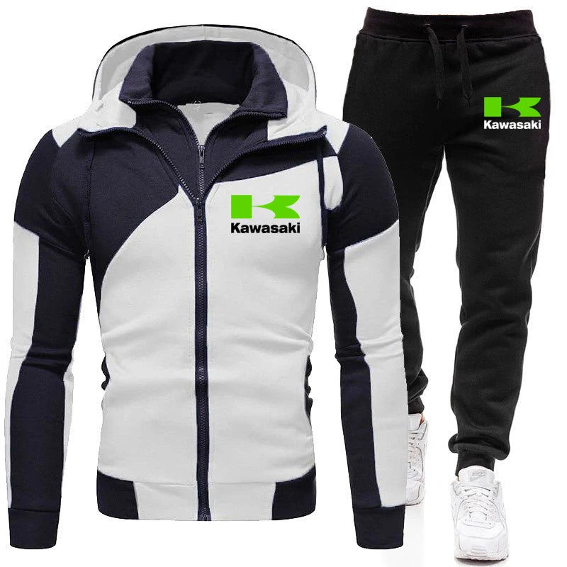 Kawasaki Logo Motorcycle Racing Team Men Zip Up Hoodie Pant Sets 2025 Fashion Male Zip Up Sweatshirt Pants Suit Sport Coat Set
